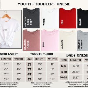 May include: A white youth t-shirt hanging on a wooden hanger, with a size chart for youth, toddler, and baby onesies. The chart includes measurements in inches for length and width, and color swatches.