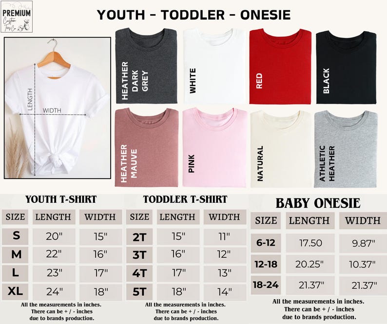 May include: A white youth t-shirt hanging on a wooden hanger, with a size chart for youth, toddler, and baby onesies. The chart includes measurements in inches for length and width, and color swatches.