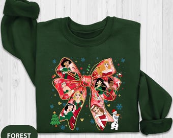 Christmas Princess Coquette Bow Sweatshirt, Xmas Disney Princess Sweat, Rapunzel Xmas Gift, Snow White Christmas Sweat, Mulan Sweatshirt