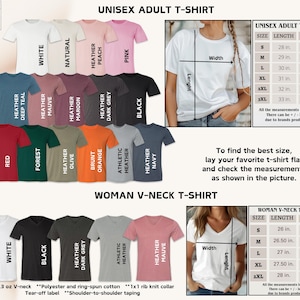 May include: A variety of unisex adult t-shirts and women's V-neck t-shirts in various colors, including white, black, and heather gray. The image includes size charts with measurements in inches for both styles. The text on the image provides details about the fabric and construction.