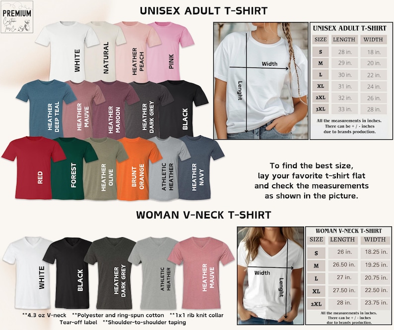 May include: A variety of unisex adult t-shirts and women's V-neck t-shirts in various colors, including white, black, and heather gray. The image includes size charts with measurements in inches for both styles. The text on the image provides details about the fabric and construction.