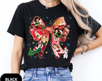 Christmas Princess Coquette Bow Shirt, Xmas Disney Princess Shirt, Rapunzel Xmas Gift, Snow White Christmas Tee, Mulan Shirt, Ariel Xmas Tee