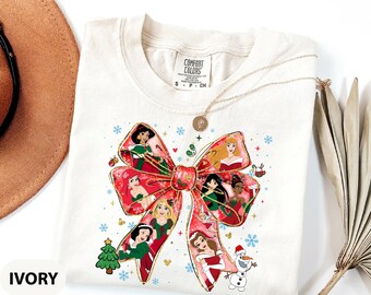 Comfort Colors Christmas Princess Coquette Bow Shirt, Xmas Disney Princess Shirt, Rapunzel Xmas Gift, Snow White Christmas Tee, Mulan Shirt