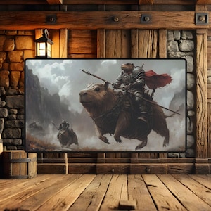 May include: A fantasy illustration of a capybara riding a knight in armor. The capybara is brown and has a long snout. The knight is wearing a helmet and armor and is holding a spear. The background is a cloudy sky with mountains in the distance.