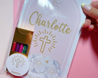 Personalized Baptism Coloring Book Set with Crayons & Stickers: Kids Baptism Party Favors