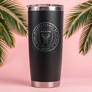 Inter Miami Engraved Tumbler – 20 oz Black Stainless Steel Cup | Soccer Fan Gift | Laser Etched Travel Mug | MLS Team Merchandise