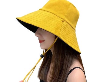 Bucket Hats Solid Yellow Sun / Chemo Hat/ Reversable Sun Protection, Wide Brim Double-sided Sunscreen Summer Traveling Fishing Hat with Rope