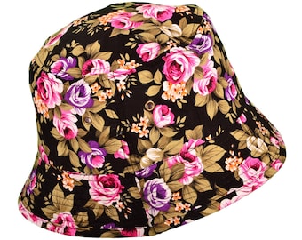 Bucket Hats Black with Assorted Small Pink and Purple Flowers Sun Hat /Chemo Hat/ Floral Bucket Hat/Black Bucket Hat/ Handmade