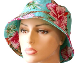 Bucket Hats-Hawaiian Paradise Turquoise Blue Floral-Sun Hat M/L Chemo Hat-Head Protection Hair Loss-Sun Protection Bucket Hats