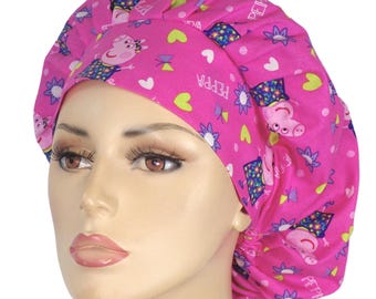 Bouffant Scrub Hat-Pepe Pig Fabric-Scrub Caps-Surgical Cap-Medical Scrub Hat-Nurse-Veterinarian Scrub Hats-Chemo-Dental-Fabric Scrub Hats-