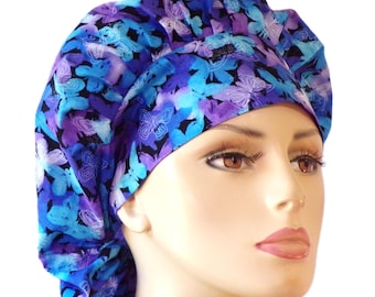 Bouffant Scrub Hat-Purple and Blue Butterflies-Scrub Caps-Surgical Cap-Medical Scrub Hat-Nurse-Veterinarian-Chemo-Dental-Scrub Caps-Surgical