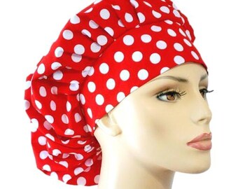 Bouffant Scrub Hat-Red & White Polka Dots-Scrub Caps-Surgical Cap-Medical Scrub Hat-Nurse-Veterinarian-Chemo-Dental-Surgical Scrub Hats