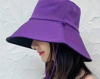 Bucket Hats Solid Purple Hat / Chemo Hat/ Reversable Sun Protection, Wide Brim Double-sided Sunscreen Summer Traveling Fishing Hat with Rope