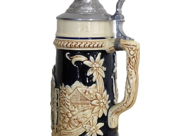 Beer Stein Vintage 19th Century-Made in West Germany Beer Stein-Pewter Lid And Handle-Tan and Navy Blue-Characters-Mint Condition Beer Stein