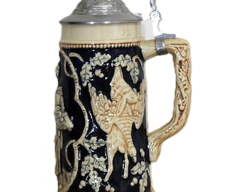 Beer Stein Vintage 19th Century-Made in West Germany Beer Stein-Pewter Lid And Handle-Tan and Navy Blue-Characters-Mint Condition Beer Stein