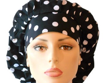 Bouffant Scrub Hat-Black & White Polka Dots-Scrub Caps-Surgical Cap-Medical Scrub Hat-Nurse-Veterinarian-Chemo-Dental-Scrub Caps-Surgical