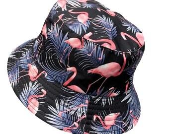 Flamingo Print Bucket Hat, Casual Sun Hat for Beach or Travel, Beach Hats Black Sun Hat /Chemo Hat/Black Bucket Hat/ Handmade