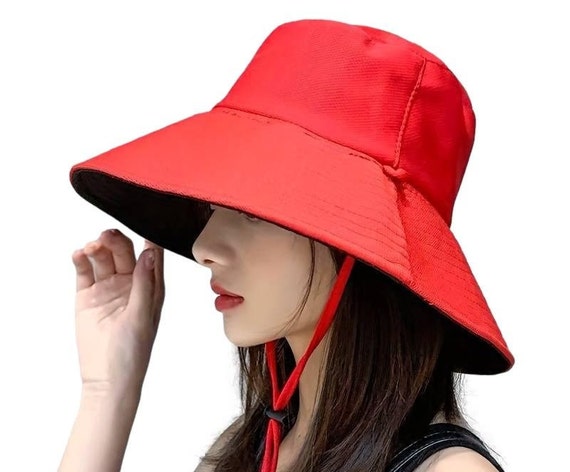 Bucket Hats Solid Red Hat / Chemo Hat/ Reversable Sun Protection, Wide Brim  Double-sided Sunscreen Summer Traveling Fishing Hat with Rope