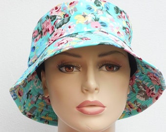 Bucket Hats Green with Assorted Small Pink and Yellow Flowers Sun Hat Chemo Hat Head Cover Sun Protecton Bad Hair Day Hat