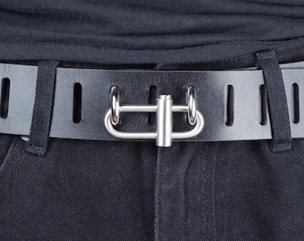 Handmade Full Grain Buffalo Leather “Oval Clip” Avant Garde Goth Belt – Black Veg Tan