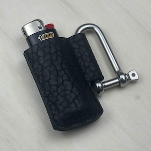 Bison Leather Lighter Case with Stainless Steel Shackle - Heavy Duty Bic & Clipper Sleeve - Handmade in Canada - Rugged EDC Keychain Pendant