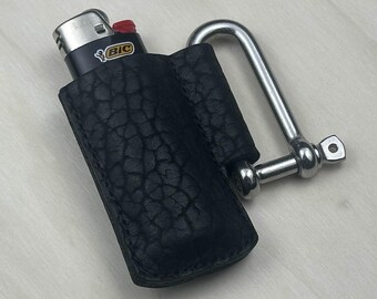 Bison Leather Lighter Case with Stainless Steel Shackle - Heavy Duty Bic & Clipper Sleeve - Handmade in Canada - Rugged EDC Keychain Pendant