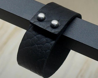Bison Leather "2 STUD" Bracelet - Black & Silver - Handmade