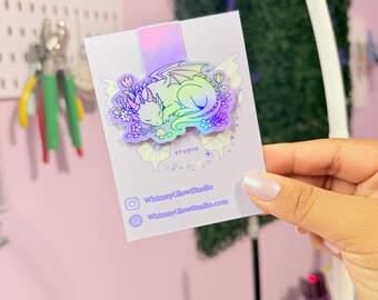 Sleeping Dragon Holographic Bookmark | Pastel Fantasy Reader Accessory
