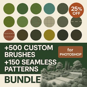 May include: A digital art bundle advertisement featuring a collection of circular brush textures in various shades of green, brown, and teal. The image includes the text "+500 CUSTOM BRUSHES +150 SEAMLESS PATTERNS BUNDLE" and "for PHOTOSHOP", with a 25% off promotion.
