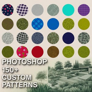 Peut inclure: Image présentant une collection de motifs personnalisés circulaires, avec des pois, des carreaux et des textures variées. Le texte "PHOTOSHOP 150+ CUSTOM PATTERNS" est également visible.