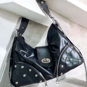 Sac à bandoulière gothique à rivets de l'an 2000 | sac à main vintage noir punk | bandoulière de créateur de grande capacité pour femme | sac à main style rock | Sac femme
