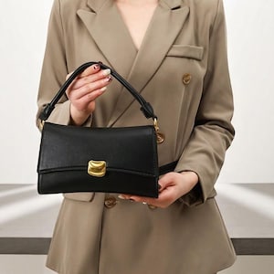 Sac à main en cuir noir - Sac à bandoulière en PU, poignée sur le dessus, sac messager à bandoulière, sac carré pour femme, petit sac à main bandoulière rétro
