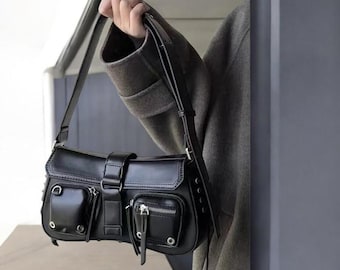 leather back vintage ハンドバッグ y2k 古着 韓国 Y2k Black Womens Shoulder Bag Advanced Fashion Tote Bag