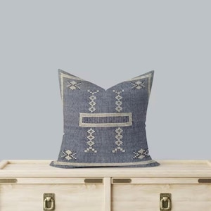 Handwoven Blue Moroccan Sabra Pillow Cover – Cactus Silk Throw Pillow, Boho Decorative Cushion for Sofa or Bed, Vintage-Style Home Decor
