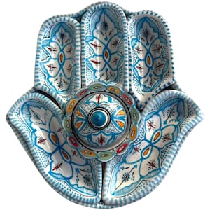 Boho Blue Hamsa Ceramic Serving & Dipping Set –Handmade Moroccan Pottery–Unique Gift Home DecorMoroccan Hamsa Serving Dish Set–Handmade gift