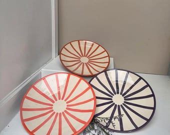 Set of 3 Moroccan Handmade Ceramic Plate – Colorful Sunburst Design – Boho Decor –Handpainted Pottery–Artisan Kitchenware – Modern Tableware