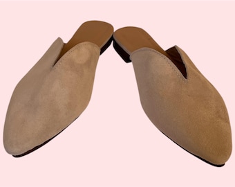 Beige Suede Mules for Women–Slip-On Pointed Toe Flats,Minimalist Backless Loafers,Casual Chic Summer Shoes Women&#39;s Neutral Suede Slide Mules