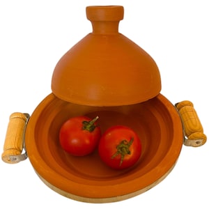 Handmade 21cm Moroccan Clay Tagine Pot-Small Ceramic Tagine for 3 People-Authentic North African Cooking Pot with Wooden Handles Ideal