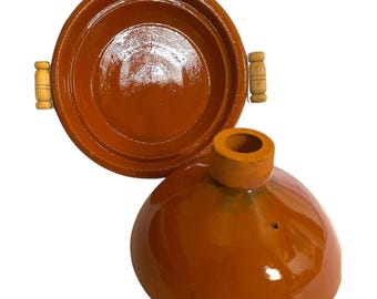 Authentic Moroccan Clay Tagine 30cm – Handcrafted Terracotta Cooking Pot with Wooden Handles – Traditional North African Cookware for Stews