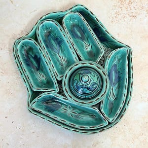 Moroccan Turquoise Hamsa Serving Set–Hand of Fatima Ceramic Tray with Mini Tagine–Handmade Appetizer&Snack Dish Set Moroccan Hamsa Ceramic