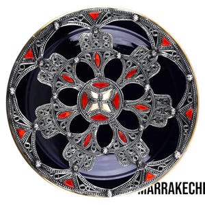Moroccan Decorative Plate 14 inches Handcrafted Metal & Enamel Bowl Berber Art Decor Moroccan Blue Ceramic Plate with Silver Oriental Table