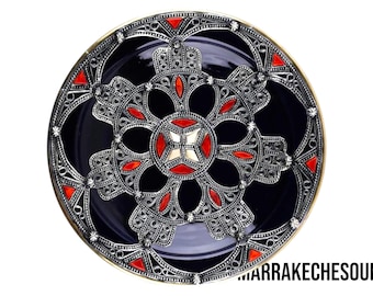 Moroccan Decorative Plate 14 inches Handcrafted Metal & Enamel Bowl Berber Art Decor Moroccan Blue Ceramic Plate with Silver Oriental Table