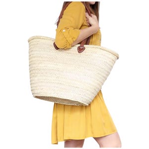 Marokkaanse mand van geweven stro | Franse marktmand | Picknickmand | Strandtas | Boodschappentas met leren hengsels | Zomertas