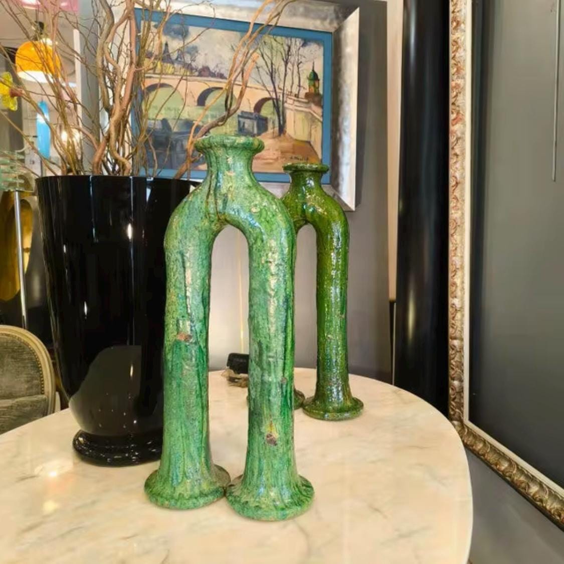 Moroccan Vintage Tamegroute Candlestick Holder – Green Glazed Ceramic Candleholder – Unique Handmade Boho Rustic Decor