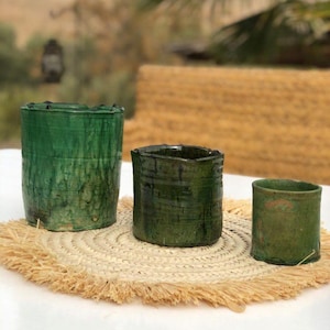 Handcrafted Moroccan Clay Cup Set – Vintage Green & Mustard Glazed Ceramics – Rustic Boho Pottery for Kitchen, Planting,– Wabi Sabi,moroccan