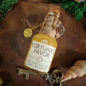 Poción decorativa "Favor de la Fortuna", objeto de fantasía, juego de rol, romano, mitología, suerte, oro, boticario de la fortuna, botella de poción