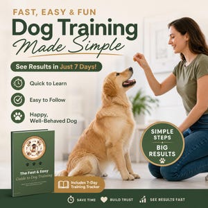 Puede incluir: Un libro verde titulado The Fast & Easy Guide to Dog Training con un gráfico circular que muestra pasos de adiestramiento. La portada presenta huellas de patas y texto sobre un rastreador de entrenamiento de 7 días.