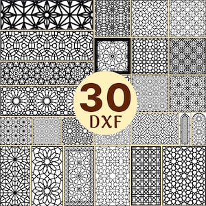 May include: A collection of 30 black and white geometric patterns in DXF format, featuring intricate lattice, star, and interlaced designs arranged in a grid. A central beige circle displays the dark brown text 30 DXF in the middle of the image.
