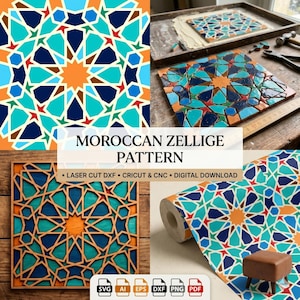 May include: A collage showcasing a Moroccan Zellige pattern in various forms. The design features geometric shapes in shades of blue, teal, orange, and brown. The image includes a digital pattern, a laser-cut wooden piece, and a tiled mosaic, all displaying the same intricate design.