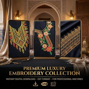 Puede incluir: Tres diseños de bordado enmarcados con intrincados patrones en oro, amarillo, rosa y verde sobre un fondo negro. El texto "PREMIUM LUXURY EMBROIDERY COLLECTION" se muestra debajo. La imagen sugiere una descarga digital de patrones de bordado.